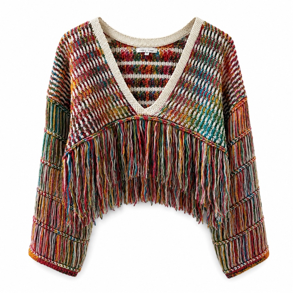Ivory Rose Multicolor Rainbow Fringe Crochet Sweater Boho Festival Crop Top S
